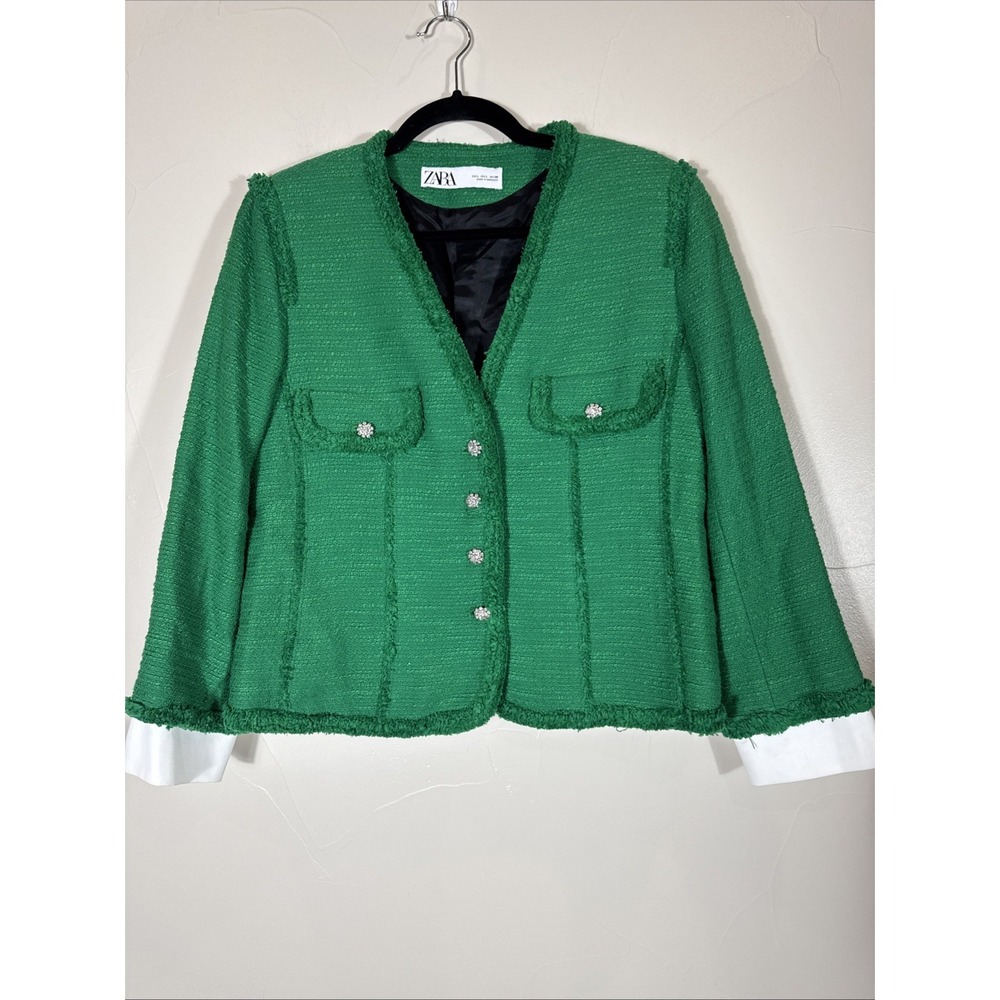 Zara Woman Blazer Green Ladies Large Work Dress Jacket Rhinestone Buttons